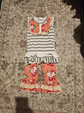 Girls Coral Floral & Gray Stripe Set with Ruffle Trim